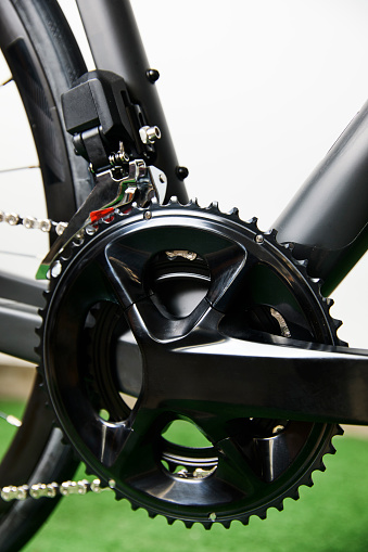 road bike crankset and frame close view