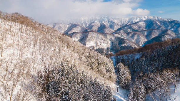 istock Snowed mountain ridge and village on the valley. 1477838507