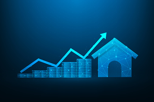 business income investment and coin stack growth with home technology. Finance and real estate trading. Installment and home rental. arrow up graph money. vector illustration fantastic.