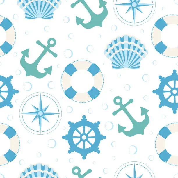 Vector illustration of seamless pattern on marine theme, vector illustration