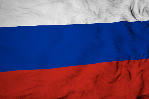 Full frame close-up on a waving Russian flag in 3D rendering.