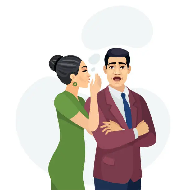 Vector illustration of Woman whispering in mans ear.