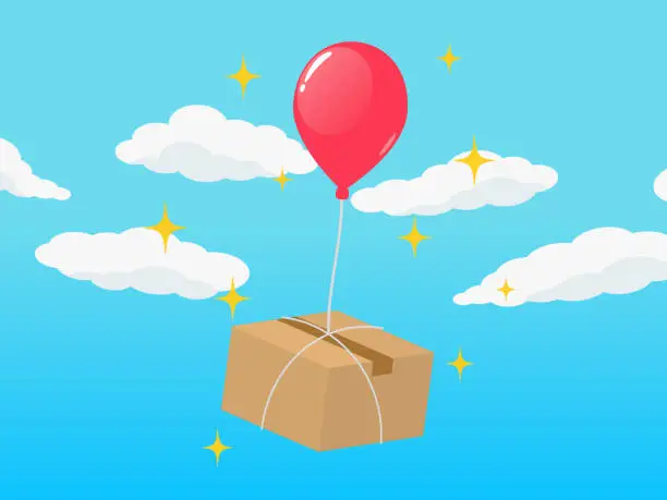 Vector illustration of Balloons and cardboard boxes floating in the sky