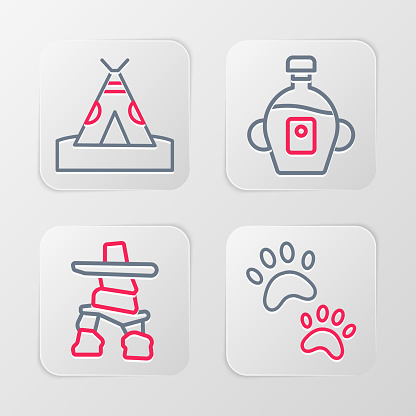 Set line Paw print Inukshuk Maple syrup and Indian teepee or wigwam icon. Vector.