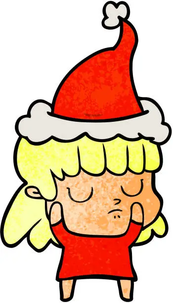 Vector illustration of hand drawn textured cartoon of a indifferent woman wearing santa hat