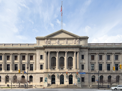 Cleveland, OH, USA - March 6, 2023: The Cuyahoga County Courthouse was opened in 1912 and was listed on the National Register of Historic Places in 1975.