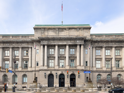 Cleveland, OH, USA - March 6, 2023: Cleveland City Hall was built in 1912 and is home to the home of the Cleveland City Council and office of the Mayor of Cleveland.