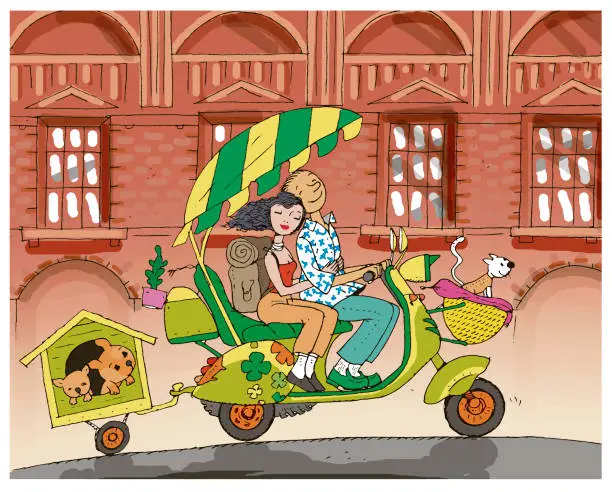 Vector illustration of Lovers Roaming the City on Scooters