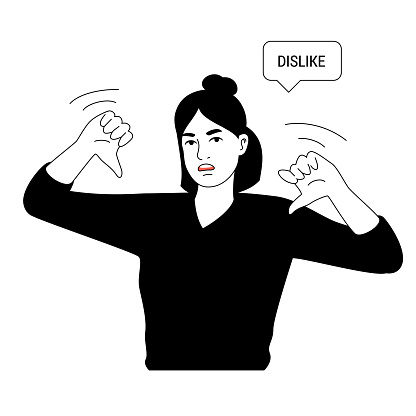 Young woman with thumb down gesture. Vector cartoon illustration of human reaction isolated on white background. Serious female character.