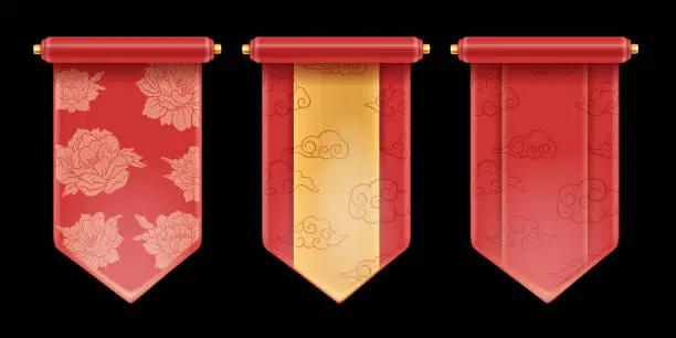 Vector illustration of 3D Chinese scroll set, vector royal red festive banner kit, asian game UI traditional design element.