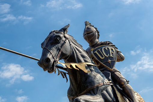 Knight on the horse statue in UCF in February 23, 2023 in Orlando, Florida. Knight the symbol of the University of Central Florida in Orlando, Florida, USA.