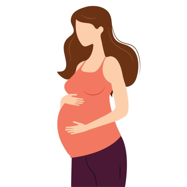 ilustrações, clipart, desenhos animados e ícones de mulher caucasiana jovem grávida com cabelos longos em regata rosa e calça segurando sua barriga com as mãos. saúde reprodutiva feminina maternidade parto - cesarean