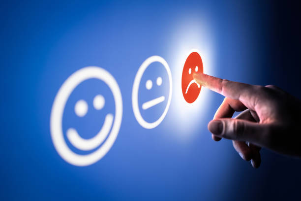 istock Bad review, negative customer feedback and complaint. Unhappy client complain. Survey, poll or questionnaire concept. Sad dissatisfied smile face. Low rank an rating. 1477858544