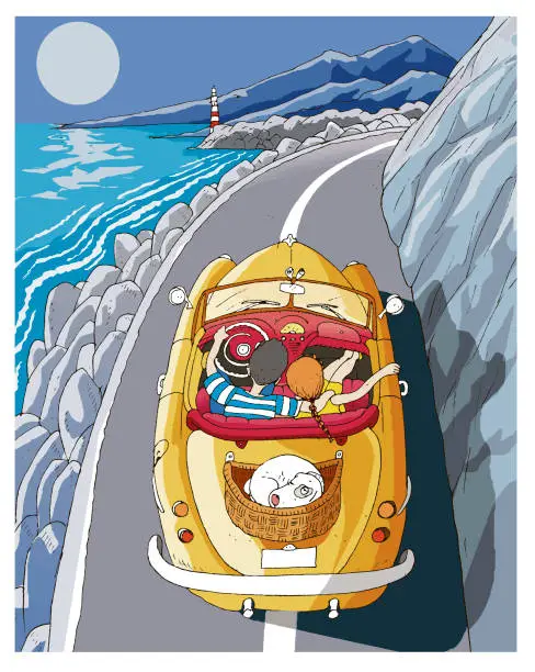 Vector illustration of Lovers Traveling with their Dogs in Vintage Car from Top Rear View