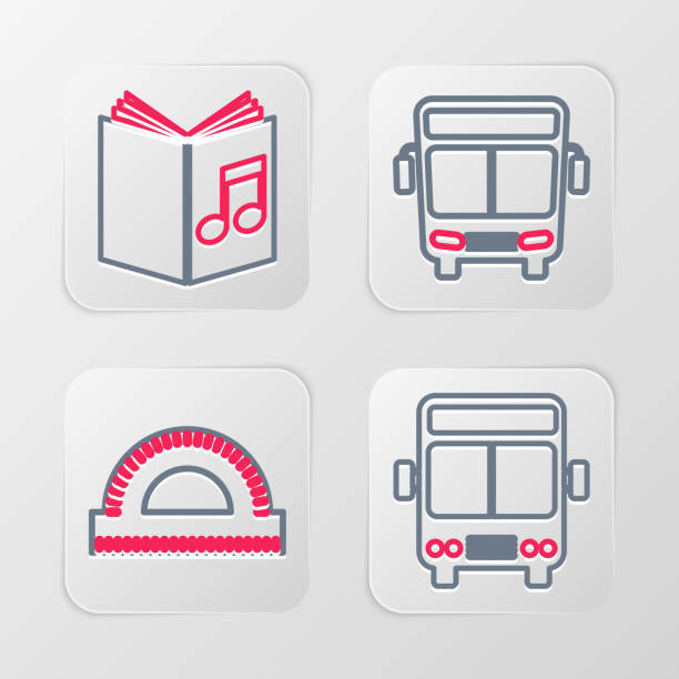 illustrazioni stock, clip art, cartoni animati e icone di tendenza di imposta il bus di linea, la griglia del goniometro e l'icona dell'audiolibro. vettore - road trip audio