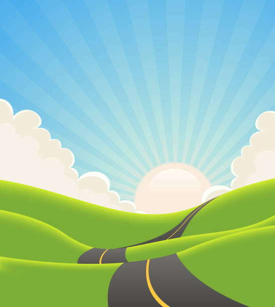 Carretera de paisaje de verano azul - ilustración de arte vectorial