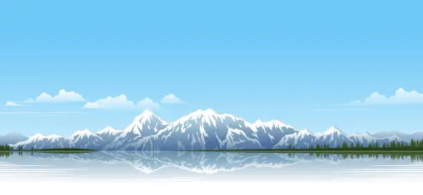 Vector illustration of Snow topped mountain range by the lake
