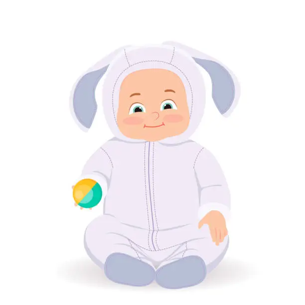 Vector illustration of Cute baby sitting and hold teething toy. Flat vector cartoon design