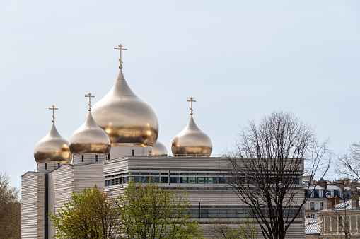 Low angle view of David Star on top of jewish synagogues, Berlin central Oranienburger Strasse