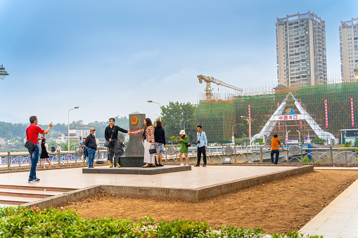 Lao Cai province, Vietnam - 11 Mar 2023: view of the International board point Lao Cai, Vietnam - Ha Khau, China. Lao Cai border gate between Vietnam and China mainland