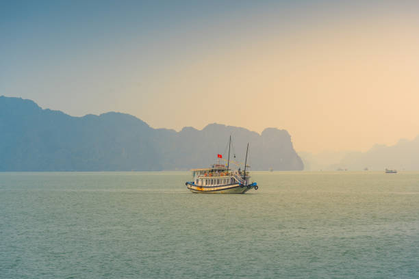 widok na zatokę ha long, prowincja quang ninh, wietnam; z dużą ilością wapiennych wysepek i statków wycieczkowych; w letni dzień błękitnego nieba - halong bay zdjęcia i obrazy z banku zdjęć