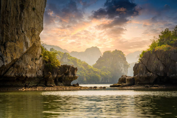 blick auf die ha long bucht, provinz quang ninh, vietnam; mit vielen kalksteininseln und kreuzfahrtschiffen; an einem sommertag mit blauem himmel - halong bay stock-fotos und bilder