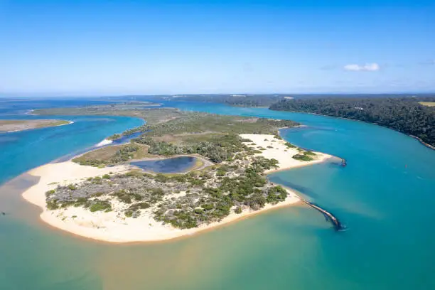 Photo of Gippsland Lakes near Lake Entrance, Victoria, Australia. Top view, aerial photography.