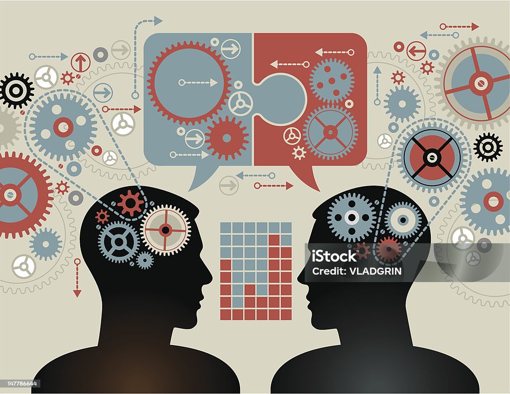 concept people in consensus Two people in consensus. business concepts. the concept of human intelligence. Head and Brain gears in progress. Gear - Mechanism stock vector