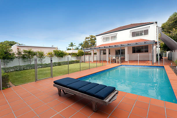 Modern backyard with pool stock photo
