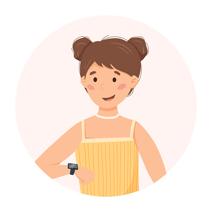 Young cartoon cheerful girl looking at the screen of a smart watch on her wrist. Vector flat illustration of people using a modern device.