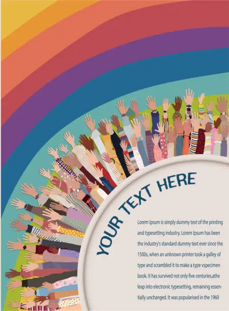 Vector illustration of Multicultural volunteer people with hands raised. Support and assistance. NGO. Aid. Solidarity charity and donation. Give and help. Non-profit. People diversity. Poster banner template