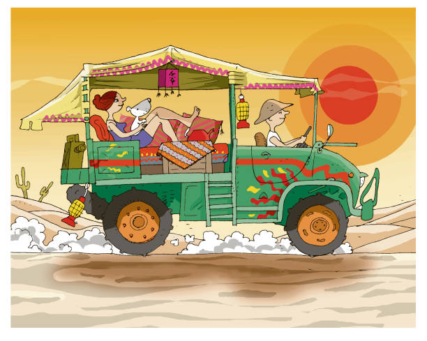 Vector Lovers Traveling in Desert with Off-Road Truck