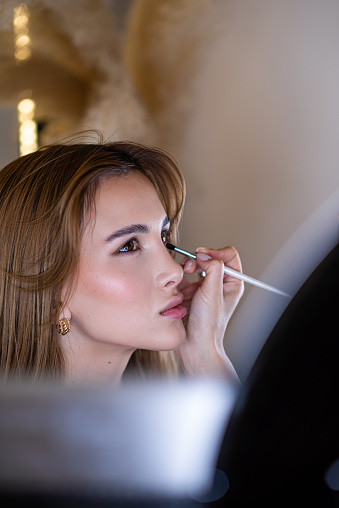 Makeup process, makeup artist using brush, powder and colors on a beautiful model at salon. Using ring lights as a light. Close up shot