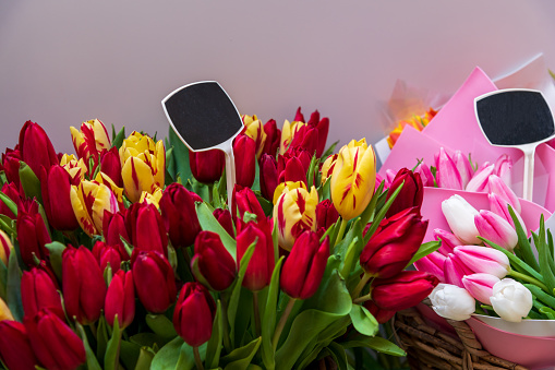 Close-up view of various multi-colored tulip flowers on showcase of flowerstore. Soft focus. Copy space for your text or prices. Flower business theme.