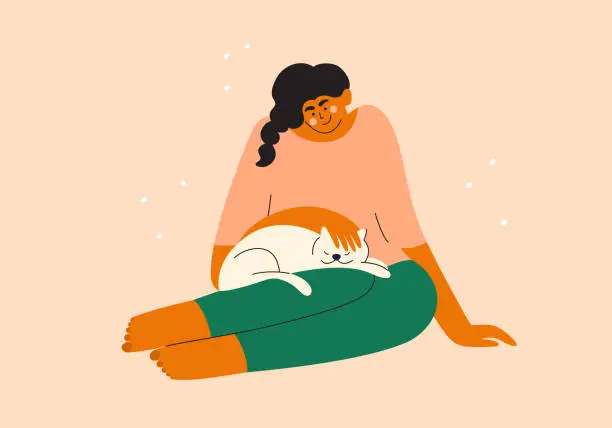 Vector illustration of Pet love, care, cat shelter vector illustration with young woman sitting and petting white cat laying on owner legs