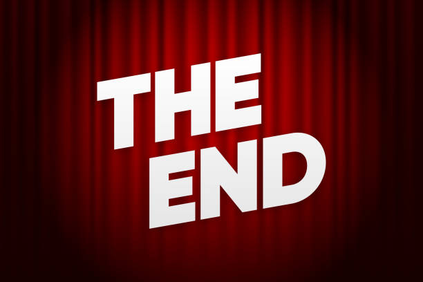 ilustrações de stock, clip art, desenhos animados e ícones de the end title on red background. the end of cinema or show. text on red curtains. retro concept. vector illustration. - nostalgia frame old fashioned placard