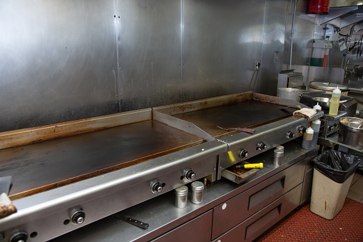 A view of a griddle appliances in a restaurant kitchen setting.