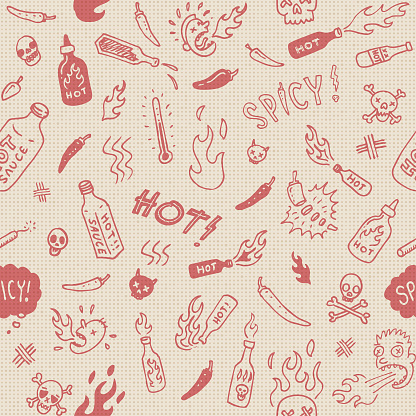 Red hot hand drawn style spicy hot sauce sketches on paper vector illustration. Seamless so will tile endlessly