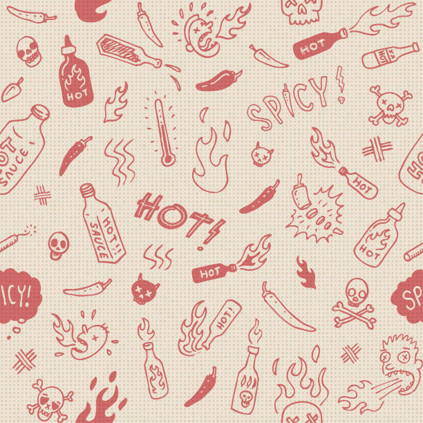 Seamless spicy hot sauce doodles Red hot hand drawn style spicy hot sauce sketches on paper vector illustration. Seamless so will tile endlessly chili pepper pattern stock illustrations