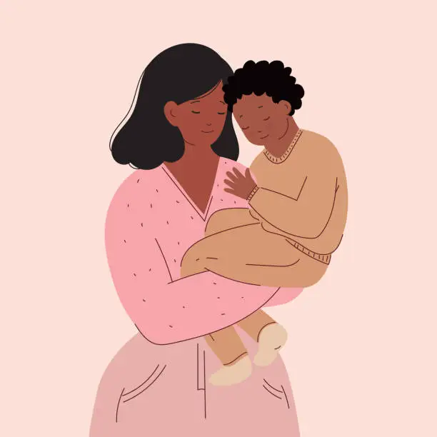 Vector illustration of Mom holds her baby son in her arms