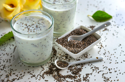 Yogurt with chia seeds in a glass cup on a white background