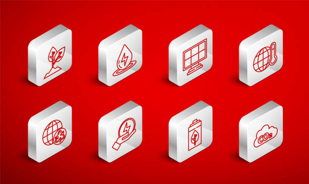 ilustrações de stock, clip art, desenhos animados e ícones de set line co2 emissions in cloud, water energy, solar panel, global warming, eco nature leaf and battery, plant, lightning bolt and planet earth recycling icon. vector - drop solar panel symbol leaf