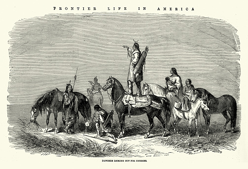 Vintage illustration of Pawnees native americans looking out for enemies, standing on back of horse, Wild West, Scenes of Frontier life in America, 1850s, 19th Century
