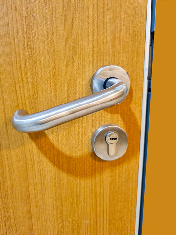 Steel door handle and wooden door