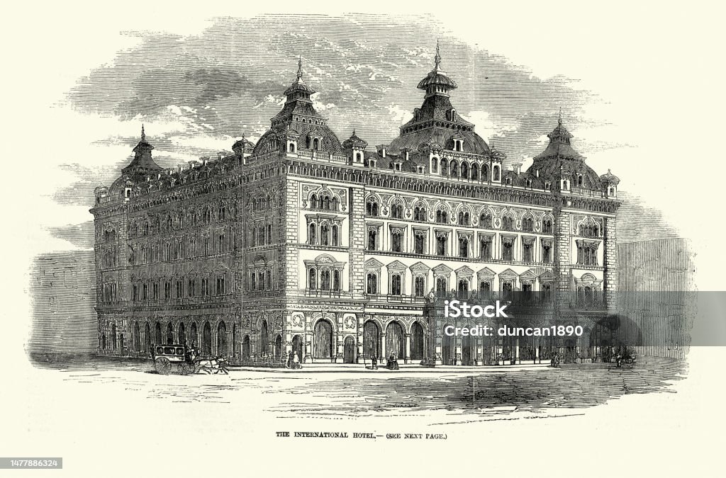 Vintage illustration of The International Hotel, London, History Victorian English Architecture, 1850s, 19th Century 1850-1859 stock illustration