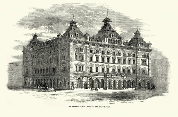 Vintage illustration of The International Hotel, London, History Victorian English Architecture, 1850s, 19th Century vector art illustration