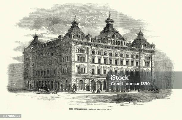 Vintage Illustration Of The International Hotel London History Victorian English Architecture 1850s 19th Century Stock Illustration - Download Image Now