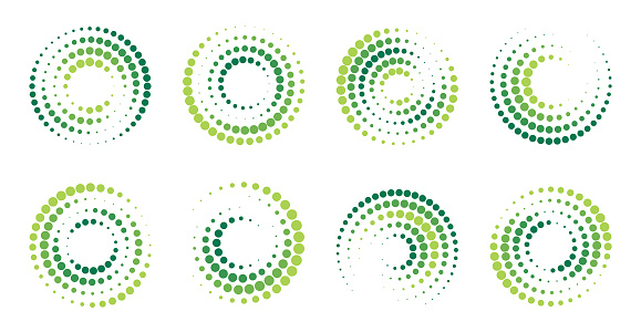 Set of swirl shapes. Halftone effect. Circular dotted shapes. Spiral design elements. Swirl circular patterns