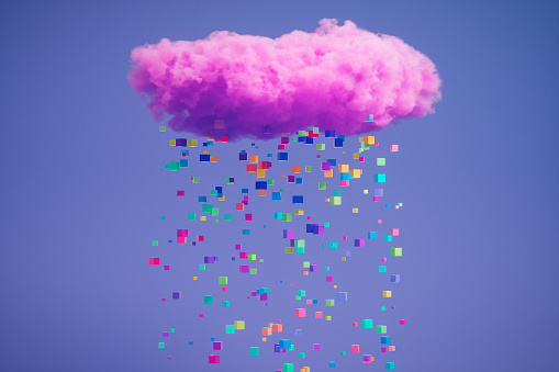 Vibrant abstract image features a pink cloud floating in a dreamy purple sky, with colorful small cubes falling like raindrops from the cloud.
Represents imagination and diversity of creative ideas that are constantly raining down from the imagination.