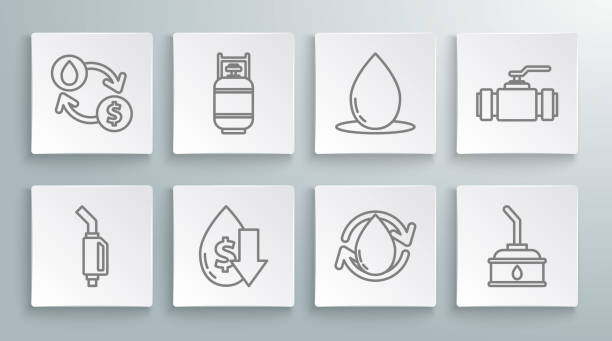 ilustraciones, imágenes clip art, dibujos animados e iconos de stock de línea de ajuste boquilla de bomba de gasolina, tanque de gas propano, caída del precio del petróleo crudo, gota de aceite, bote para máquina de motor, tuberías metálicas de la industria y válvula e intercambio, transferencia de agua, convertir icono - pipeline storage tank water pipe oil industry